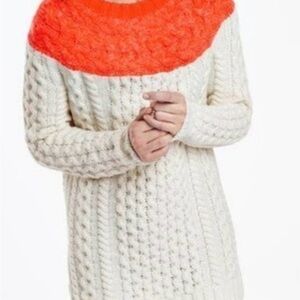 Boden Cream Cable-Knit Off-Shoulder Sweater with Coral Yoke- alpaca, mohair